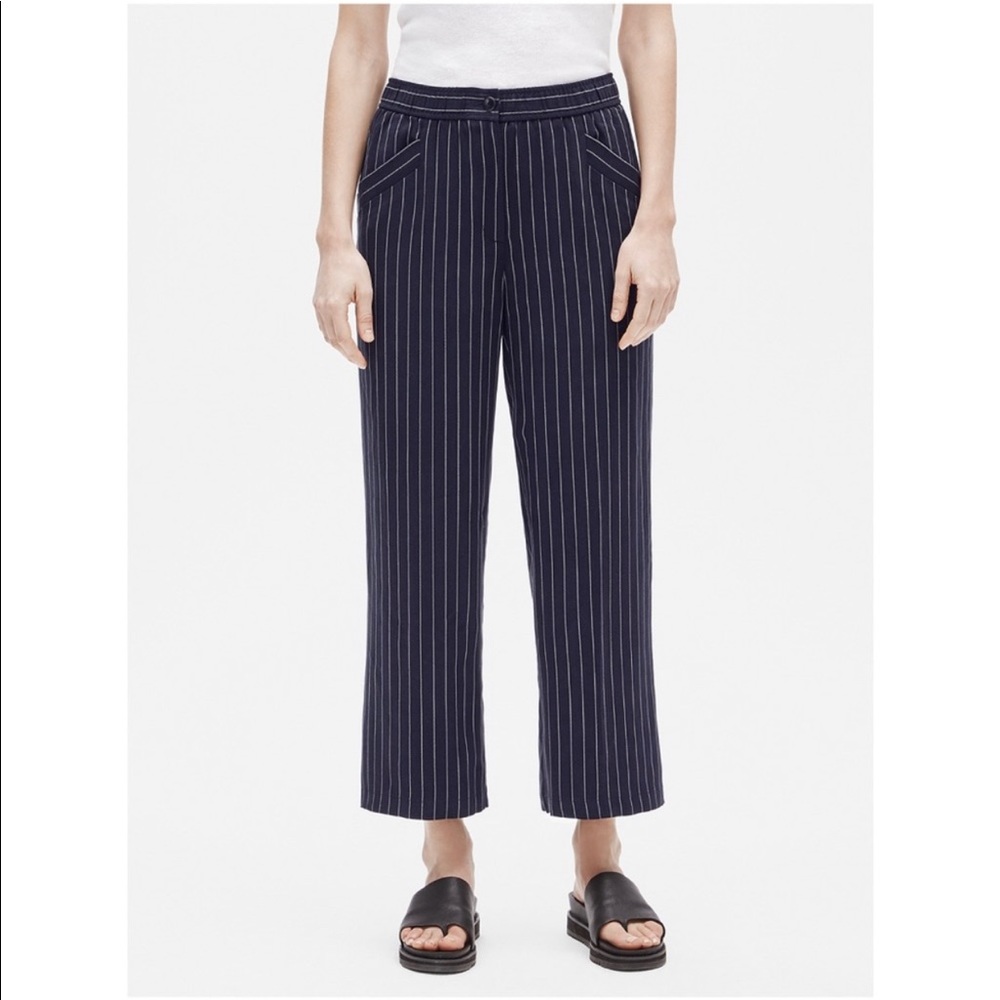 NWOT Petite Eileen Fisher Navy Pinstriped Wide-Leg Cropped Pant